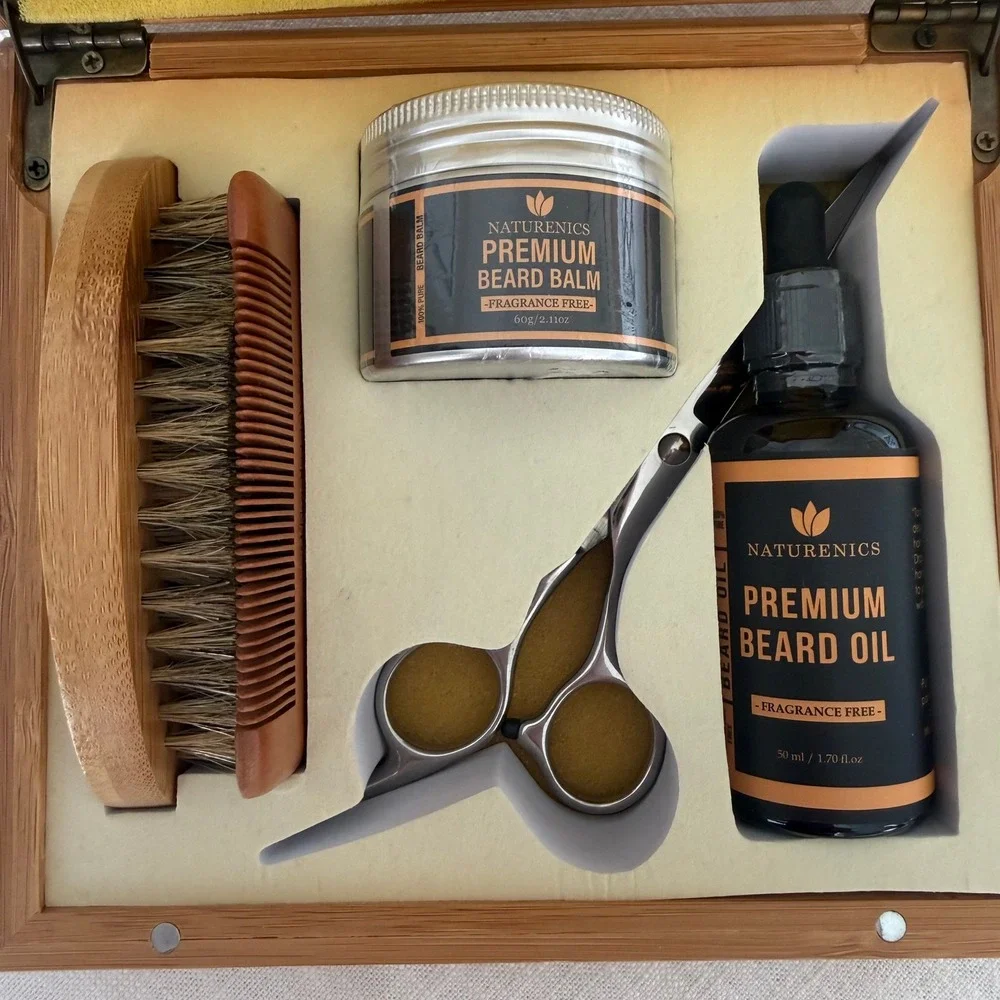 Naturenics Premium Beard Grooming Kit Fragrance Free Bamboo Box Set 5 Piece